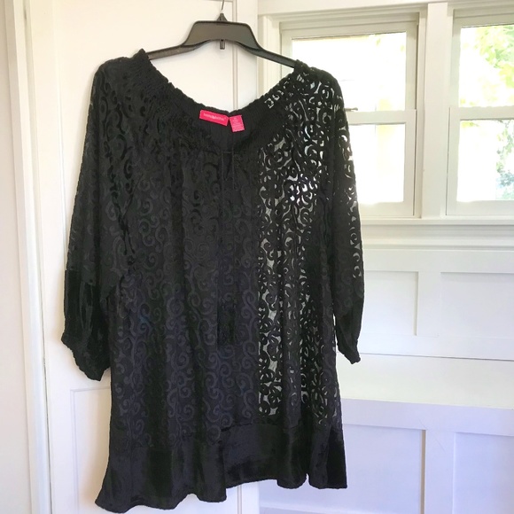 WOMAN WITHIN Burnout Tunic Boho Peasant Velvet Blouse Black Women’s Plus Size 3X - Picture 1 of 13